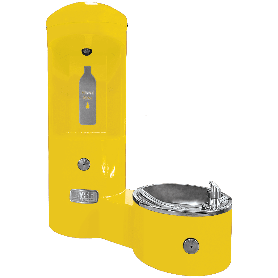 CWBF-2WM outdoor bottle filler with drinking fountain, wall mounted, yellow