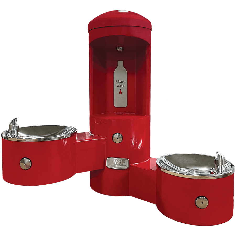 CWBF-3WM outdoor bottle filler with 2-bowl drinking fountain, wall mounted, red